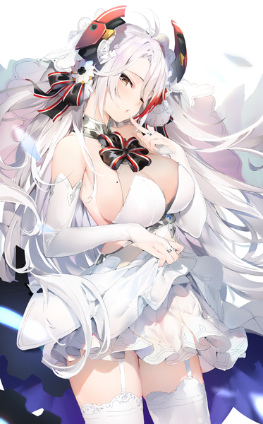 Anime picture 1407x2263 with azur lane prinz eugen (azur lane) prinz eugen (symphonic fate) (azur lane) umibouzu (niito) single long hair tall image looking at viewer fringe breasts light erotic large breasts standing yellow eyes payot ahoge white hair red hair parted lips head tilt