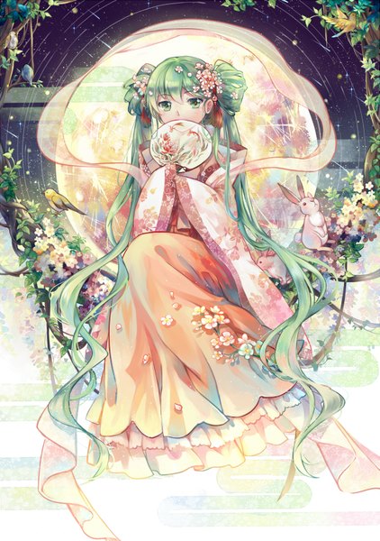 Anime picture 1163x1652 with vocaloid hatsune miku chuushuu meigetsu miku ekita xuan tall image looking at viewer blush fringe sitting twintails green eyes bent knee (knees) long sleeves very long hair traditional clothes hair flower green hair night wide sleeves sparkle