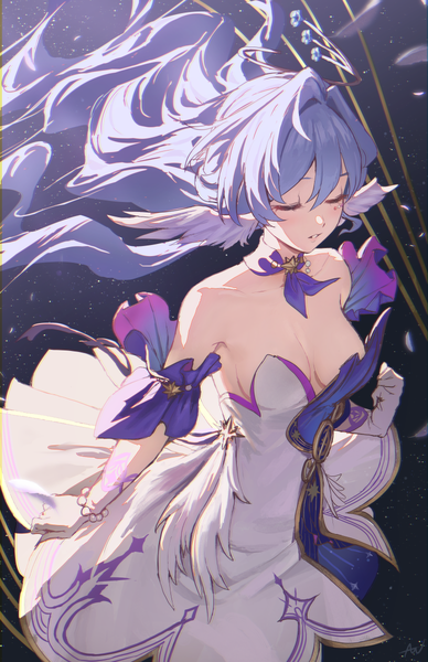 Anime picture 776x1200 with honkai: star rail honkai (series) robin (honkai: star rail) athenawyrm single long hair tall image fringe breasts light erotic hair between eyes blue hair cleavage eyes closed from above wind head wings girl dress detached sleeves