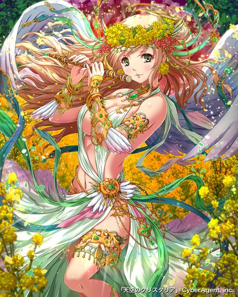 Anime picture 800x1000 with tenkuu no crystalia sakiyamama single long hair tall image looking at viewer blush fringe breasts light erotic blonde hair smile large breasts standing bare shoulders holding green eyes sky cleavage outdoors