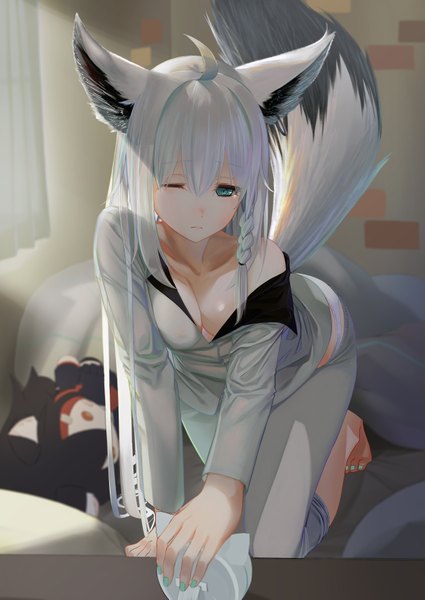 Anime picture 2508x3541 with virtual youtuber hololive shirakami fubuki ookami mio me/r single long hair tall image looking at viewer fringe highres breasts light erotic hair between eyes animal ears cleavage ahoge white hair indoors tail