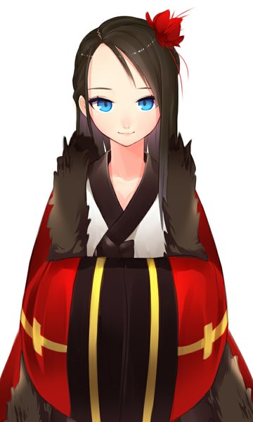 Anime picture 600x1000 with original ss0l (skghek) single long hair tall image looking at viewer blue eyes black hair simple background smile white background long sleeves traditional clothes japanese clothes hair flower lips wide sleeves hands in sleeves girl hair ornament