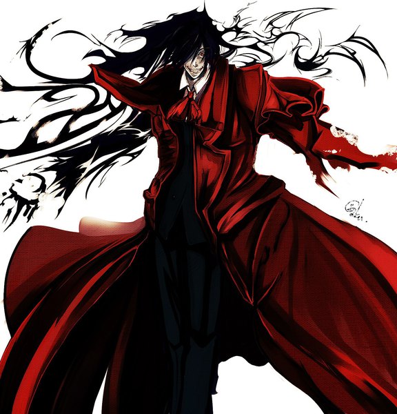 Anime picture 1548x1612 with hellsing alucard (hellsing) gaku daichi single tall image looking at viewer fringe short hair black hair simple background smile red eyes standing white background hair over one eye crazy smile evil grin darkness boy cloak