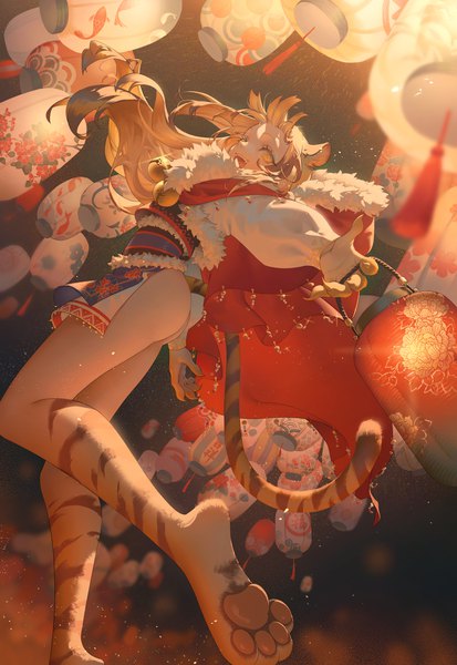 Anime picture 1360x1978 with original shou shizuku (deme) single long hair tall image looking at viewer fringe open mouth light erotic blonde hair smile standing holding animal ears yellow eyes outdoors ass tail :d animal tail