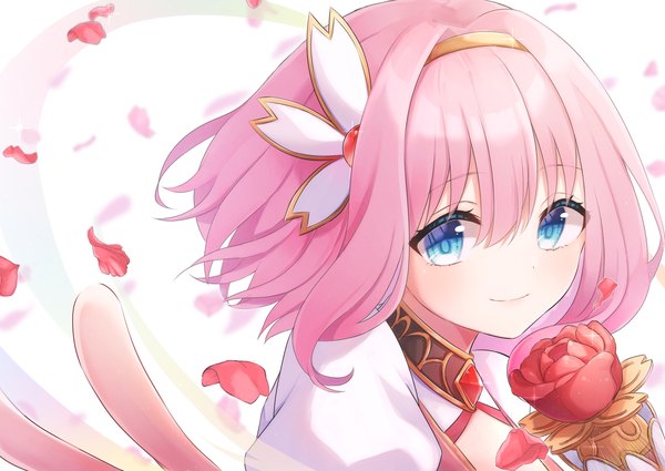 Anime picture 3541x2508 with princess connect! re:dive princess connect! yui (princess connect!) nagute single looking at viewer fringe highres short hair blue eyes smile hair between eyes pink hair absurdres upper body girl flower (flowers) petals rose (roses) headband