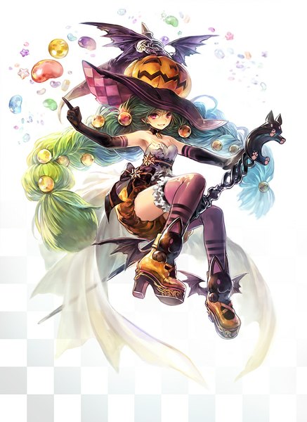 Anime picture 751x1031 with original hakou (barasensou) single tall image looking at viewer braid (braids) very long hair green hair orange hair high heels twin braids halloween flying bat wings girl thighhighs gloves hat wings black gloves