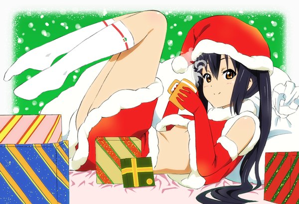 Anime picture 1100x753 with k-on! kyoto animation nakano azusa ginmaru single long hair looking at viewer blush fringe light erotic black hair smile hair between eyes twintails brown eyes bent knee (knees) no bra no shoes fur trim christmas