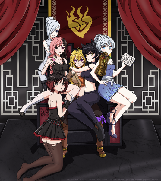 Anime picture 1603x1800 with rwby rooster teeth marvel comics avengers ruby rose weiss schnee blake belladonna yang xiao long neopolitan (rwby) winter schnee zwei (rwby) gardavwar tall image looking at viewer blush fringe breasts blue eyes blonde hair smile