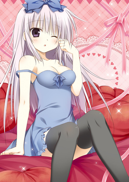 Anime-Bild 1451x2048 mit alice or alice airi (alice or alice) korie riko single long hair tall image looking at viewer blush fringe breasts open mouth light erotic simple background large breasts sitting purple eyes cleavage blunt bangs one eye closed grey hair
