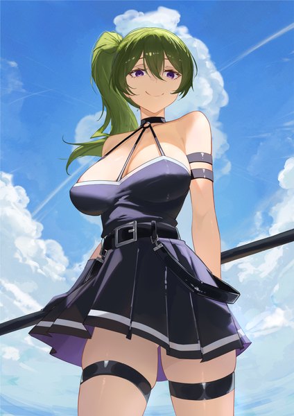 Anime picture 3508x4961 with sousou no frieren ubel (sousou no frieren) serelith single long hair tall image fringe highres breasts light erotic smile hair between eyes large breasts standing purple eyes looking away absurdres sky cloud (clouds) outdoors