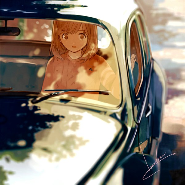 Anime picture 1000x1000 with original loundraw single looking at viewer short hair brown hair sitting brown eyes signed depth of field girl sweater ground vehicle car