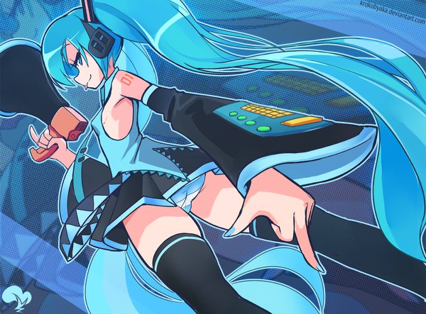 イラスト 1200x886 と ボーカロイド 初音ミク krokobyaka ソロ カメラ目線 light erotic ツインテール very long hair nail polish プロフィール aqua eyes aqua hair from below パンチラ pinky out middle finger 女の子 ストッキング 下着 パンティー