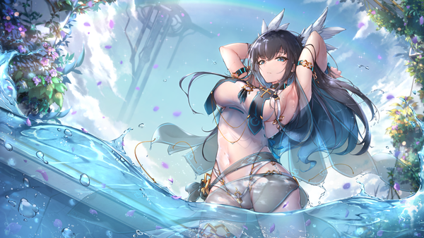 Anime picture 1680x945 with original yue ying jin feng single long hair looking at viewer fringe breasts blue eyes light erotic black hair hair between eyes wide image large breasts standing payot sky cloud (clouds) outdoors multicolored hair wind