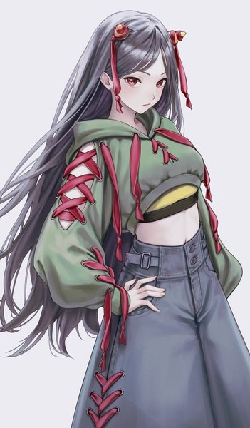 Anime picture 2136x3655 with touhou nippaku zanmu torinari (dtvisu) single long hair tall image looking at viewer highres black hair simple background red eyes standing horn (horns) grey background midriff alternate costume hand on hip lacing contemporary girl