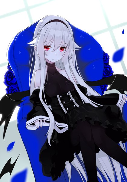 Anime picture 840x1200 with original afilia (kiyomin) kiyomin single long hair tall image looking at viewer fringe breasts light erotic simple background red eyes sitting bare shoulders payot silver hair wide sleeves sleeves past wrists black wings lolita fashion
