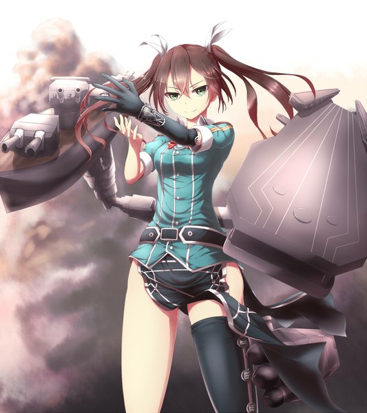 Anime picture 1000x1125 with kantai collection tone heavy cruiser sakaokasan single long hair tall image looking at viewer blue eyes brown hair twintails girl thighhighs gloves ribbon (ribbons) weapon black thighhighs hair ribbon elbow gloves single thighhigh