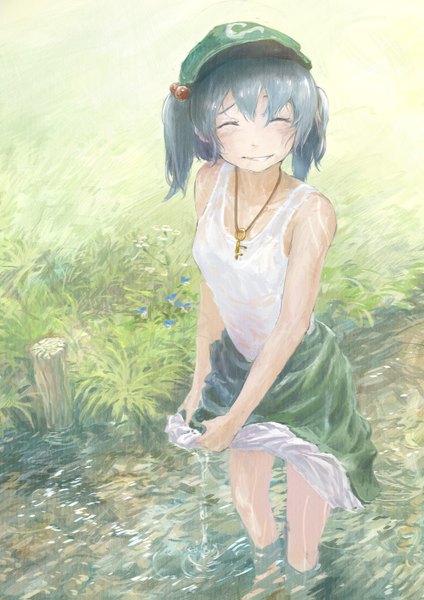 Anime picture 1000x1415 with touhou kawashiro nitori you shimizu single long hair tall image blush smile twintails blue hair eyes closed short twintails wet clothes river wringing clothes girl flower (flowers) plant (plants) water grass