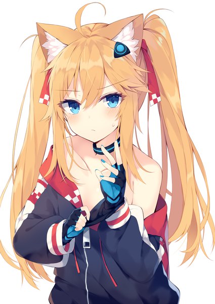 Anime picture 1000x1412 with original nibiiro shizuka single long hair tall image looking at viewer blush fringe blue eyes light erotic blonde hair simple background hair between eyes white background twintails animal ears payot ahoge upper body nail polish