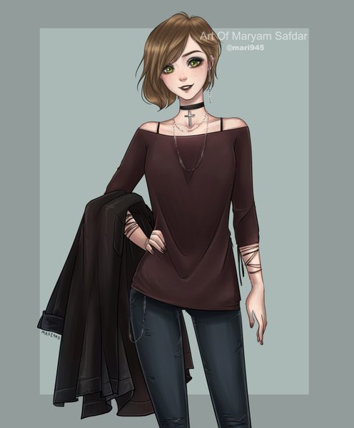 Anime picture 1140x1379 with original mari945 single tall image looking at viewer blush fringe short hair simple background smile brown hair standing bare shoulders green eyes signed nail polish realistic off shoulder grey background hand on hip