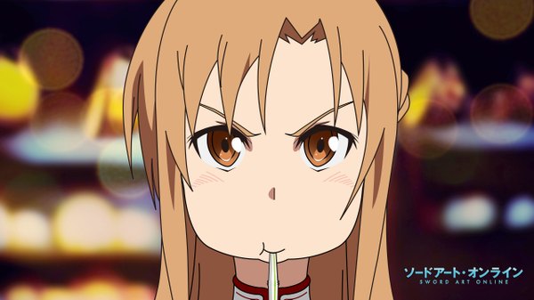 Anime picture 2560x1440 with sword art online a-1 pictures yuuki asuna long hair looking at viewer blush highres brown hair wide image brown eyes copyright name face girl