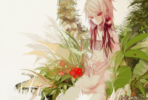 Anime picture 1500x1018 with original nenene single long hair looking at viewer fringe blonde hair red eyes sitting bare shoulders light smile off shoulder girl plant (plants) earrings leaf (leaves) insect jewelry feather (feathers) grass