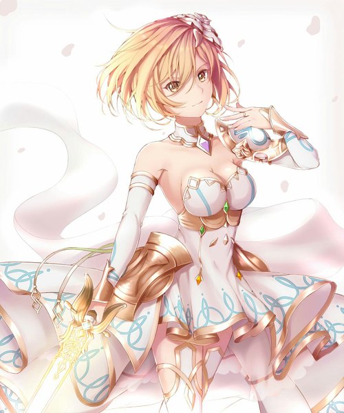 Anime picture 1500x1800 with granblue fantasy gita (granblue fantasy) the glory aidesa single tall image looking at viewer fringe short hair breasts simple background blonde hair hair between eyes large breasts standing white background bare shoulders holding yellow eyes cleavage