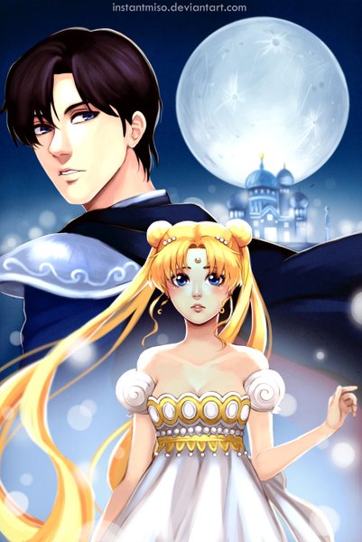 Anime picture 900x1344 with bishoujo senshi sailor moon toei animation princess serenity prince endymion instantmiso long hair tall image short hair blue eyes blonde hair twintails purple hair very long hair looking back night hair bun (hair buns) night sky couple girl dress