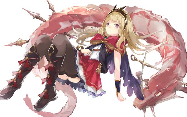 Anime picture 1083x682 with granblue fantasy cagliostro (granblue fantasy) yukihiko (tyabobo) single long hair looking at viewer blush fringe simple background blonde hair white background purple eyes zettai ryouiki fantasy frilly skirt girl thighhighs hair ornament black thighhighs frills