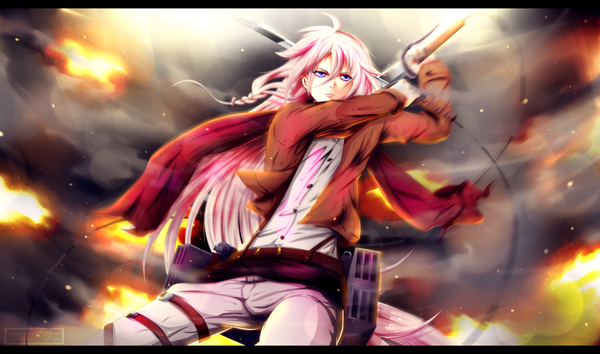 Anime picture 1024x605 with shingeki no kyojin vocaloid production i.g ia (vocaloid) kortrex single long hair blue eyes wide image holding pink hair letterboxed smoke cosplay dual wielding battle girl uniform weapon sword