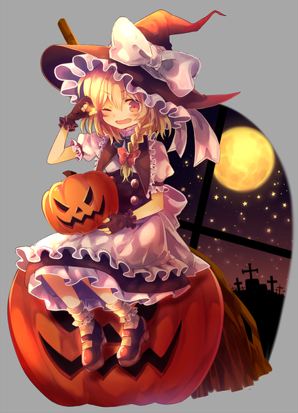 Anime picture 938x1300 with touhou kirisame marisa amahira single tall image short hair open mouth simple background blonde hair red eyes sitting braid (braids) one eye closed wink grey background single braid halloween witch girl gloves
