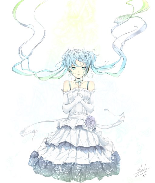 Anime picture 1600x1880 with vocaloid hatsune miku marumoru tall image looking at viewer simple background white background twintails bare shoulders signed very long hair aqua eyes aqua hair girl dress gloves flower (flowers) elbow gloves