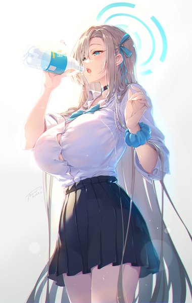 Anime picture 2156x3402 with blue archive asuna (blue archive) tel-o single long hair tall image blush fringe highres breasts open mouth blue eyes light erotic simple background blonde hair hair between eyes large breasts standing white background holding