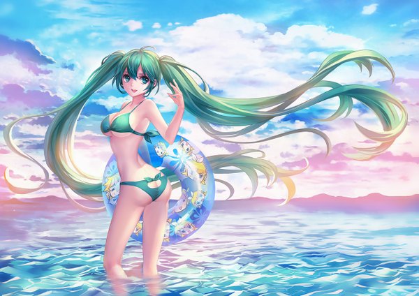 Anime picture 1271x900 with vocaloid hatsune miku 8rats single looking at viewer breasts open mouth light erotic twintails sky cloud (clouds) very long hair aqua eyes aqua hair girl swimsuit bikini sea swim ring