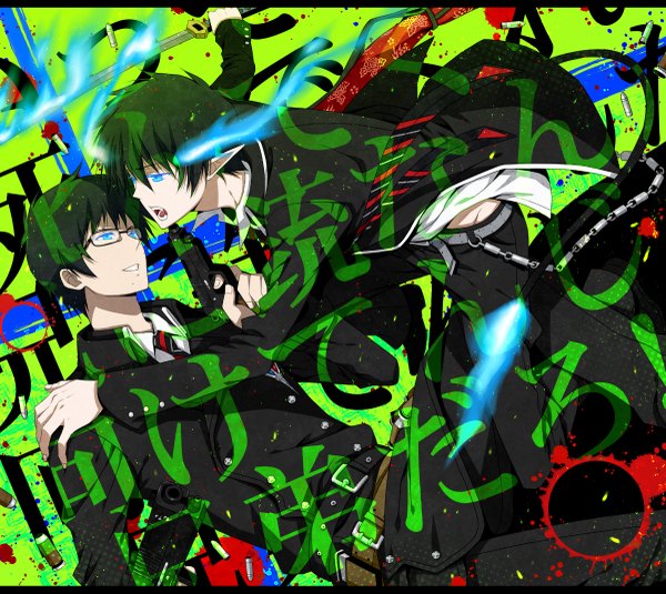 Anime picture 1200x1071 with ao no exorcist a-1 pictures okumura rin okumura yukio yuuno (yukioka) short hair open mouth blue eyes black hair pointy ears demon tail face to face siblings brothers boy uniform weapon sword necktie belt