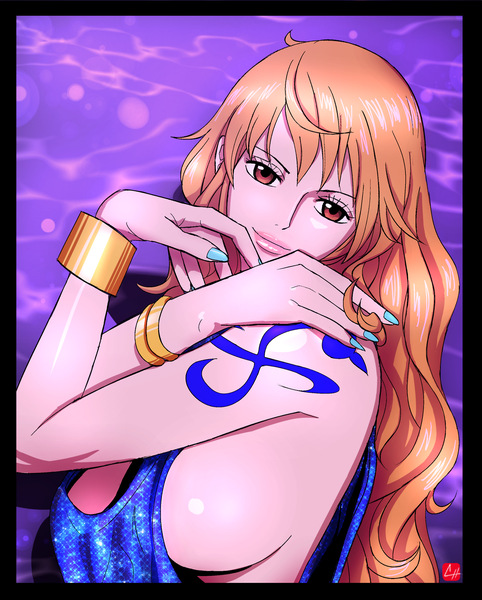 Anime picture 1280x1592 with one piece toei animation nami (one piece) chris re5 single long hair tall image looking at viewer fringe breasts light erotic smile hair between eyes large breasts brown eyes signed upper body nail polish fingernails lips