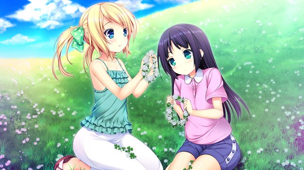 Anime picture 1280x720 with harvest overray giga ouno sumi mikami lilia long hair blue eyes black hair blonde hair wide image multiple girls game cg sky cloud (clouds) girl flower (flowers) bow 2 girls hair bow shorts short shorts