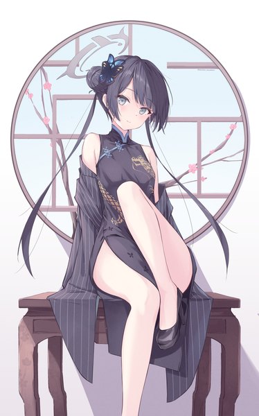Anime picture 2592x4157 with blue archive kisaki (blue archive) daidai (daidai826) single long hair tall image looking at viewer highres blue eyes light erotic black hair sitting twintails traditional clothes off shoulder bare legs hair bun (hair buns) chinese clothes side slit girl