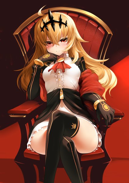 Anime picture 964x1363 with black rock shooter chariot (black rock shooter) mdastarou single long hair tall image looking at viewer blush blonde hair red eyes sitting ahoge crossed legs girl dress gloves black gloves thigh boots tiara armchair