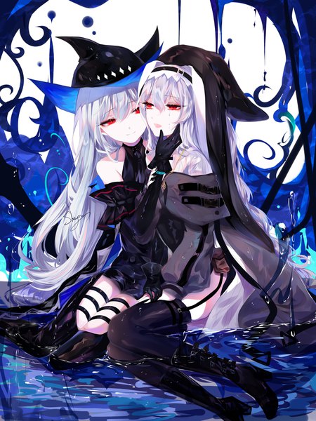 Anime picture 3000x4000 with arknights skadi (arknights) specter (arknights) sheya long hair tall image fringe highres open mouth smile red eyes sitting bare shoulders multiple girls signed silver hair long sleeves nail polish :d high heels