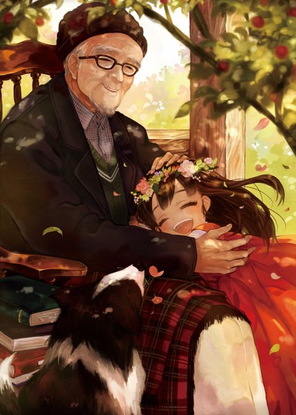Anime picture 1000x1402 with original pisuke long hair tall image blush open mouth brown hair sitting eyes closed happy old man girl petals glasses book (books) chair branch cap child (children) dog