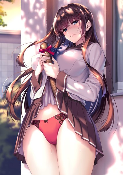 Anime picture 1004x1420 with original comic exe piromizu single long hair tall image looking at viewer blush fringe breasts blue eyes light erotic brown hair large breasts standing holding outdoors blunt bangs long sleeves nail polish