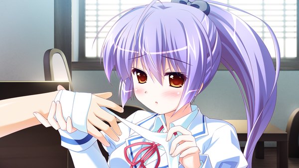 Anime picture 1024x576 with harumade kururu long hair blush wide image brown eyes game cg purple hair ponytail girl uniform school uniform bandage (bandages)