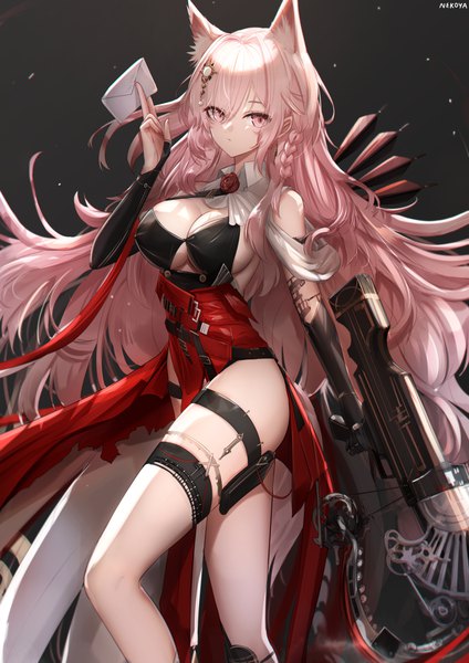 Anime picture 2605x3684 with arknights pozyomka (arknights) nekoya (liu) single long hair tall image looking at viewer fringe highres breasts light erotic hair between eyes large breasts holding signed animal ears pink hair tail braid (braids) animal tail