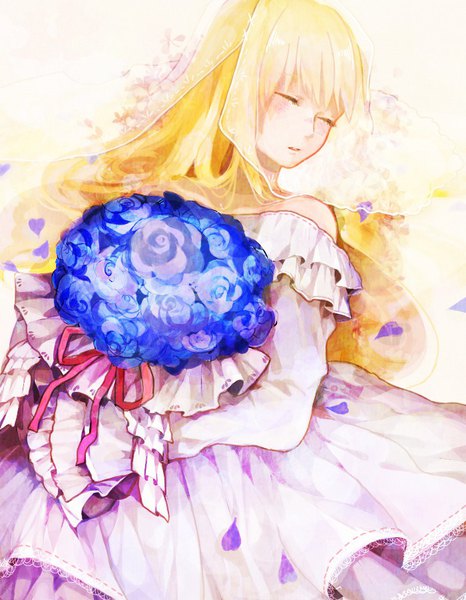 Anime picture 700x900 with aldnoah.zero a-1 pictures asseylum vers allusia spike (fluffyspiky) single long hair tall image blush fringe blonde hair bare shoulders holding lying eyes closed parted lips off shoulder wide sleeves on back girl dress