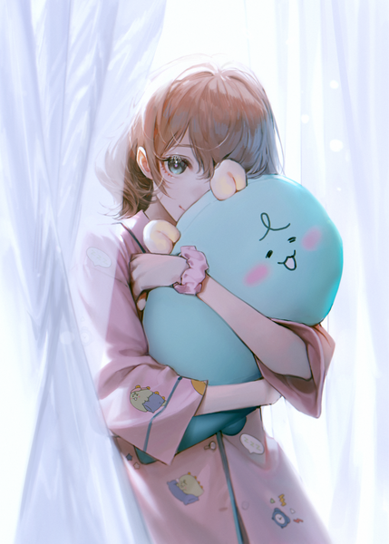 Anime picture 1000x1397 with original on (onon2659) single tall image looking at viewer short hair blue eyes brown hair upper body hug covering wrist scrunchie covering face girl curtains toy scrunchie stuffed toy pajamas
