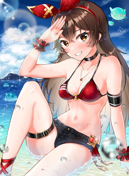 Anime picture 1349x1841 with genshin impact amber (genshin impact) slime (genshin impact) yuito (yuitokobunasbs0) single long hair tall image looking at viewer blush fringe breasts light erotic smile hair between eyes brown hair sitting brown eyes sky cloud (clouds) outdoors