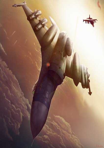 Anime picture 724x1024 with original amisu tall image sky cloud (clouds) horizon flying landscape weapon airplane jet f-2