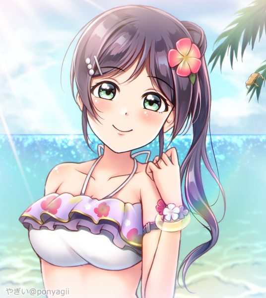 Anime-Bild 1429x1600 mit love live! school idol project sunrise (studio) love live! toujou nozomi ponyagii single long hair tall image looking at viewer blush fringe breasts smile bare shoulders green eyes signed payot sky purple hair cloud (clouds)