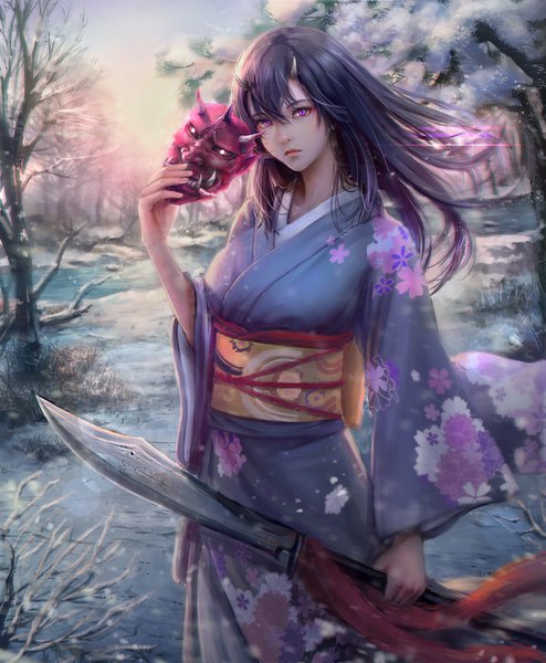 Anime picture 1235x1500 with original lnklo single long hair tall image looking at viewer fringe black hair hair between eyes standing purple eyes holding outdoors long sleeves traditional clothes japanese clothes horn (horns) wind sunlight wide sleeves