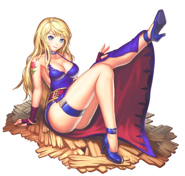 Anime picture 2000x1900 with the king of fighters fatal fury mark of the wolves snk bonne jenet fistful single long hair highres breasts blue eyes light erotic blonde hair white background full body tattoo legs girl dress gloves